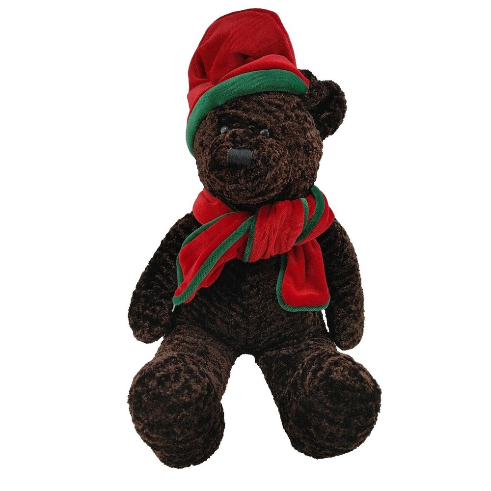 Main Joy Christmas Holiday Teddy Bear 18" Brown Plush Toy Red Green Hat Scarf